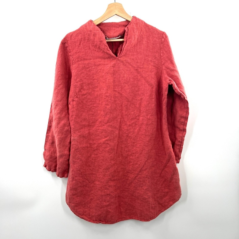 Bryn Walker nubby flax‎ linen tunic rut orange lagenlook artsy boho top coral S